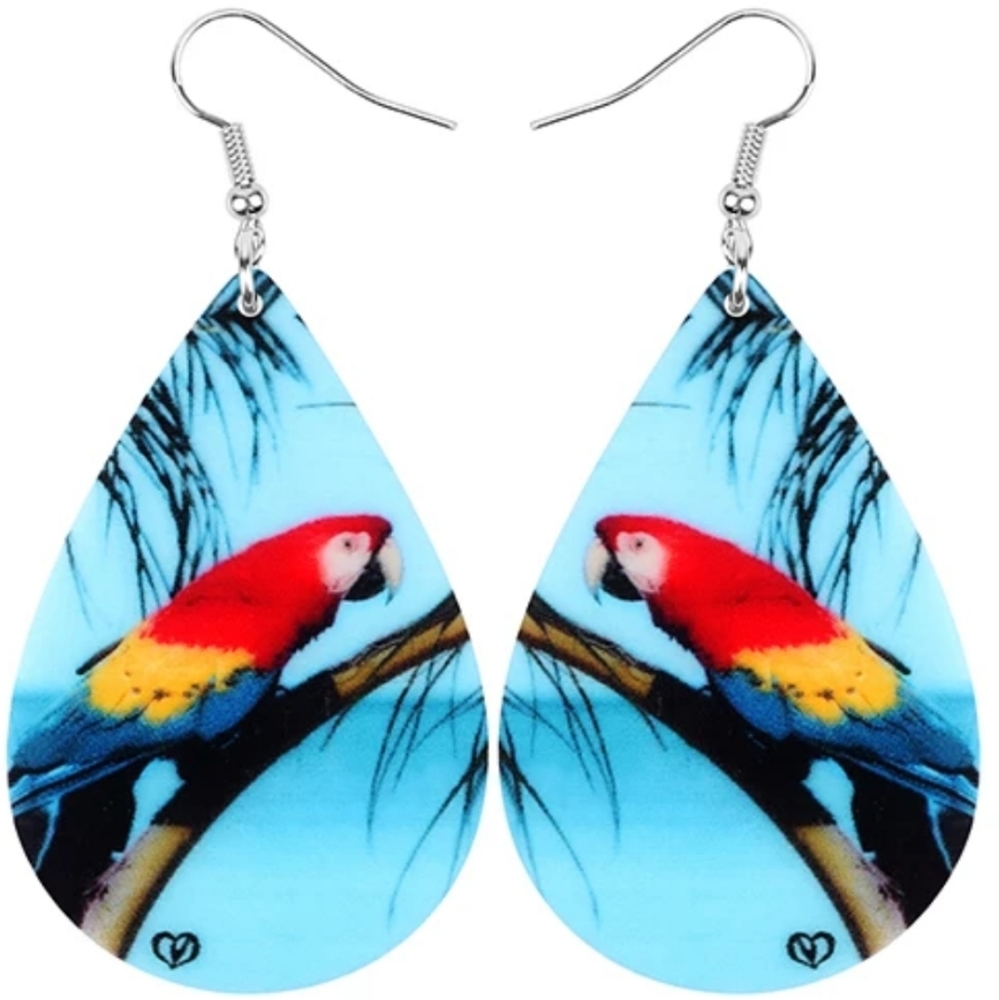 Parrot Earrings. Tropical Bird Earrings Palm Tree